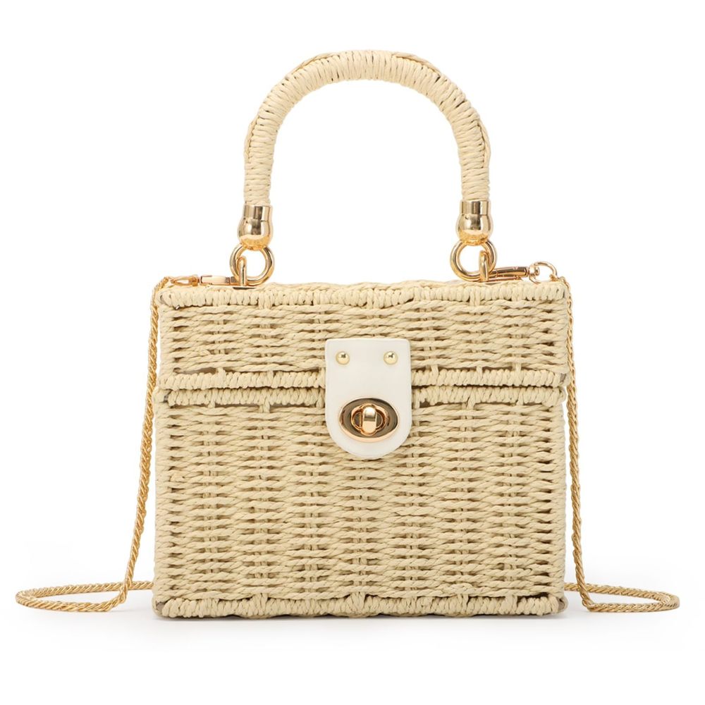 Handwoven Rattan Handbag Beach Straw Tote Bag Square Boho Crossbody -_-